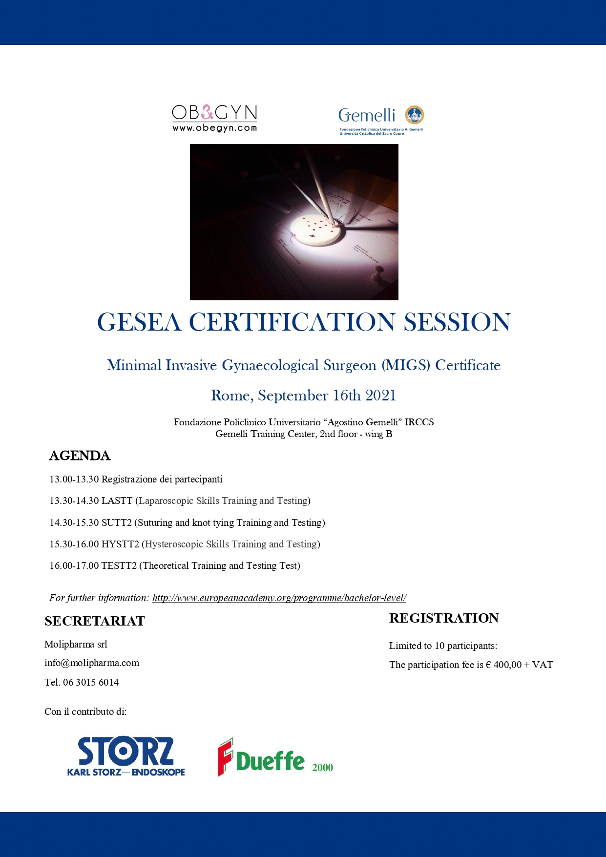 Programma GESEA CERTIFICATION SESSION - Minimal Invasive Gynaecological Surgeon (MIGS) Certificate